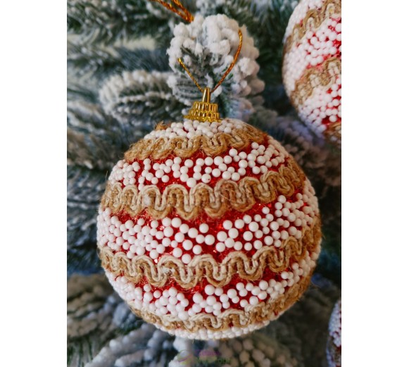 Новогодние шары красные в снежке Ø80мм, цана за набор 3 шт (SH261)